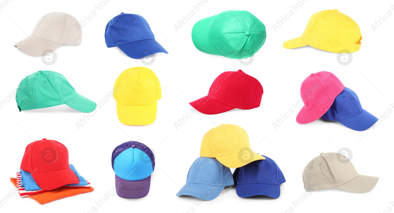 Baseball caps in different colors isolated on white, set Image of Baseball caps in different colors isolated on white, set