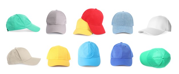 Image of Baseball caps in different colors isolated on white, set