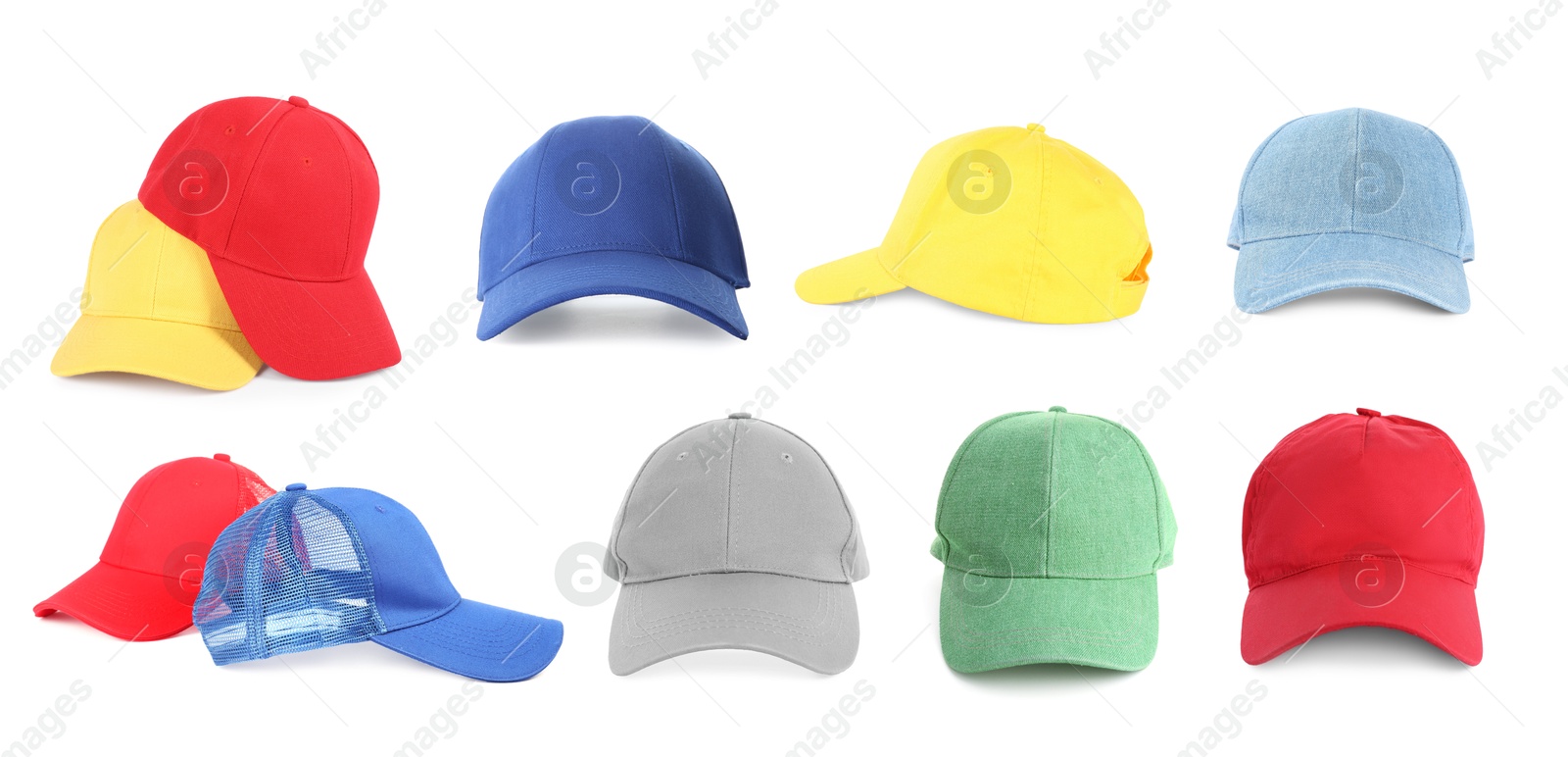Baseball caps in different colors isolated on white, set Image of Baseball caps in different colors isolated on white, set