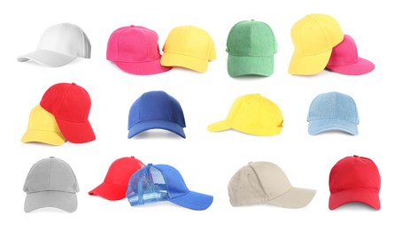 Image of Baseball caps in different colors isolated on white, set