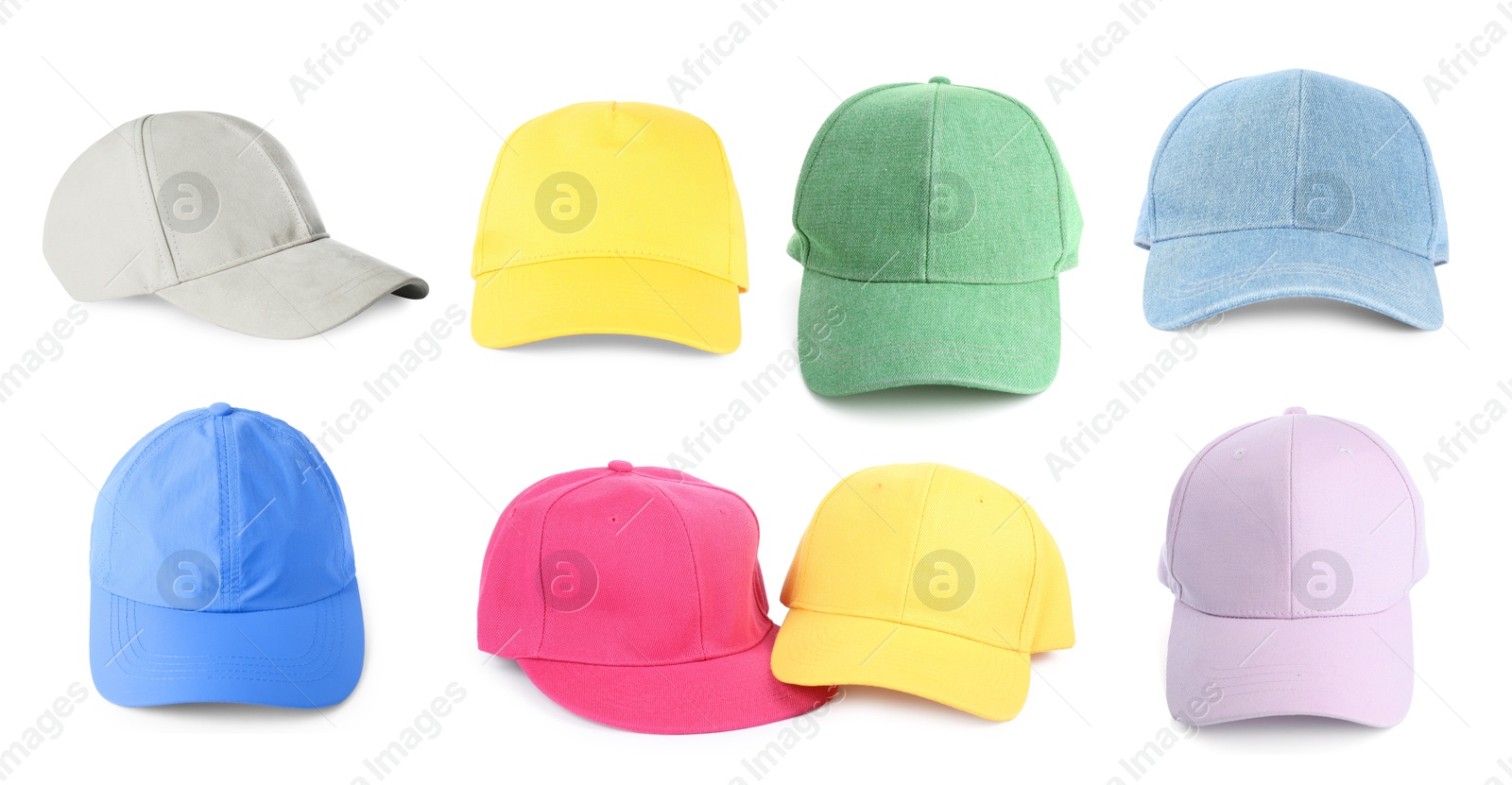 Baseball caps in different colors isolated on white, set Image of Baseball caps in different colors isolated on white, set
