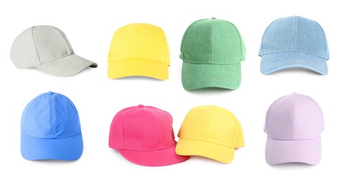 Image of Baseball caps in different colors isolated on white, set