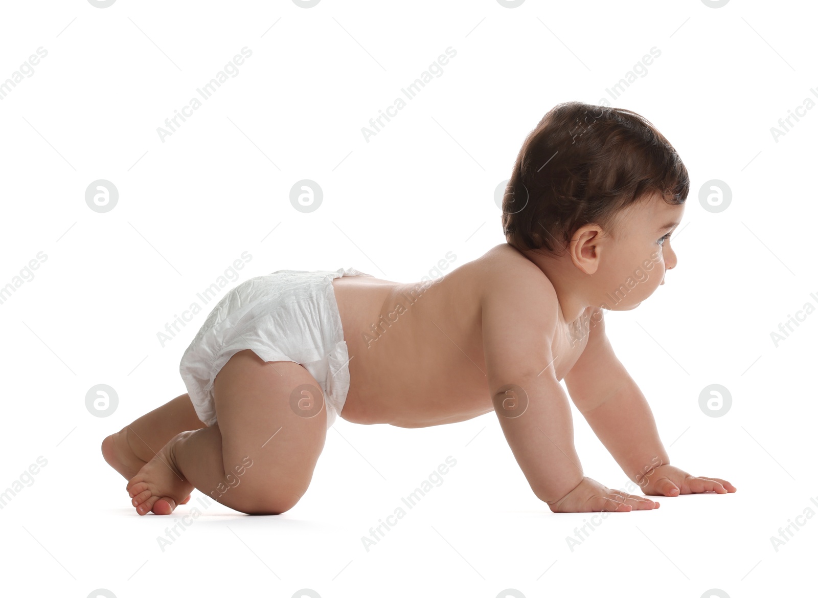 Photo of Cute little baby in diaper on white background