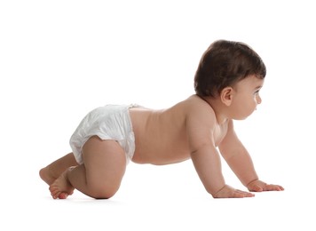 Photo of Cute little baby in diaper on white background
