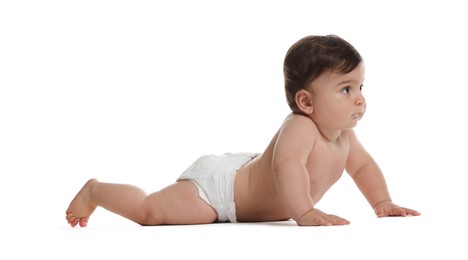Photo of Cute little baby in diaper on white background