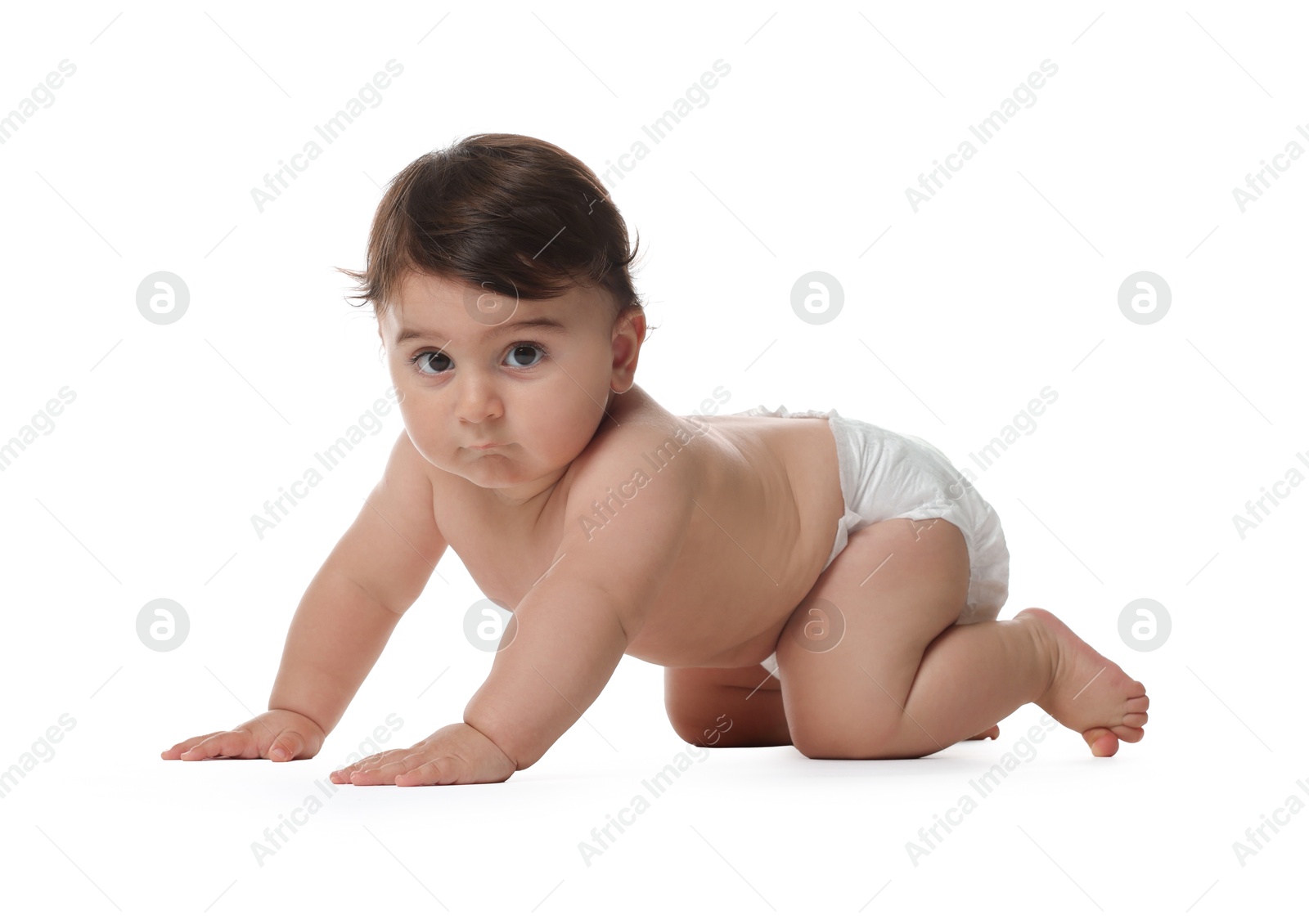 Photo of Cute little baby in diaper on white background