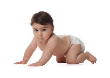Photo of Cute little baby in diaper on white background