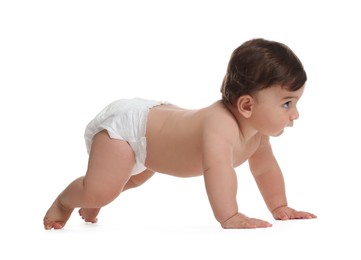 Photo of Cute little baby in diaper on white background