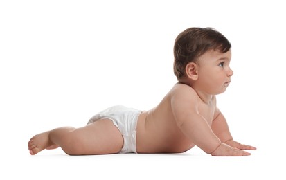 Photo of Cute little baby in diaper on white background