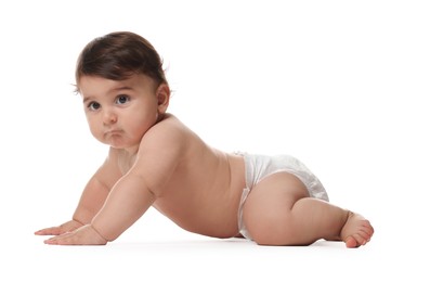 Photo of Cute little baby in diaper on white background