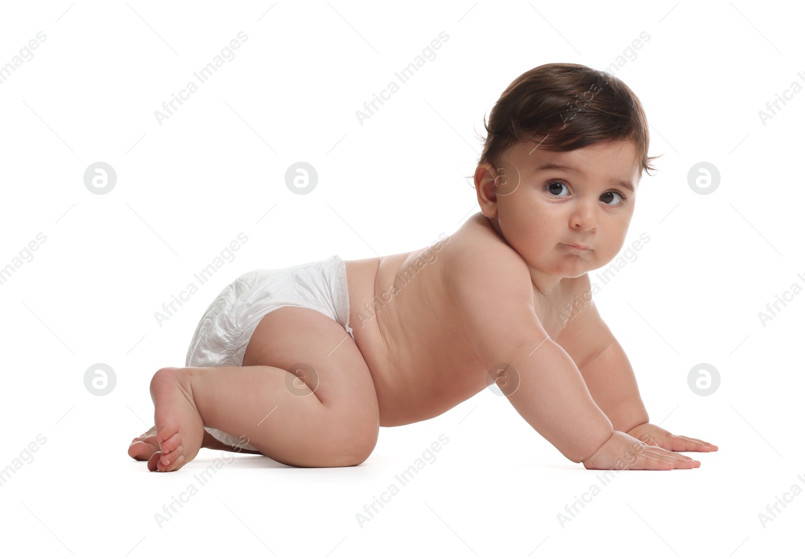 Photo of Cute little baby in diaper on white background