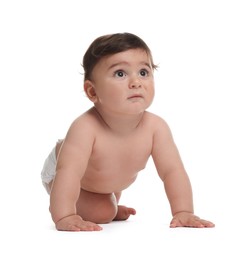 Photo of Cute little baby in diaper on white background