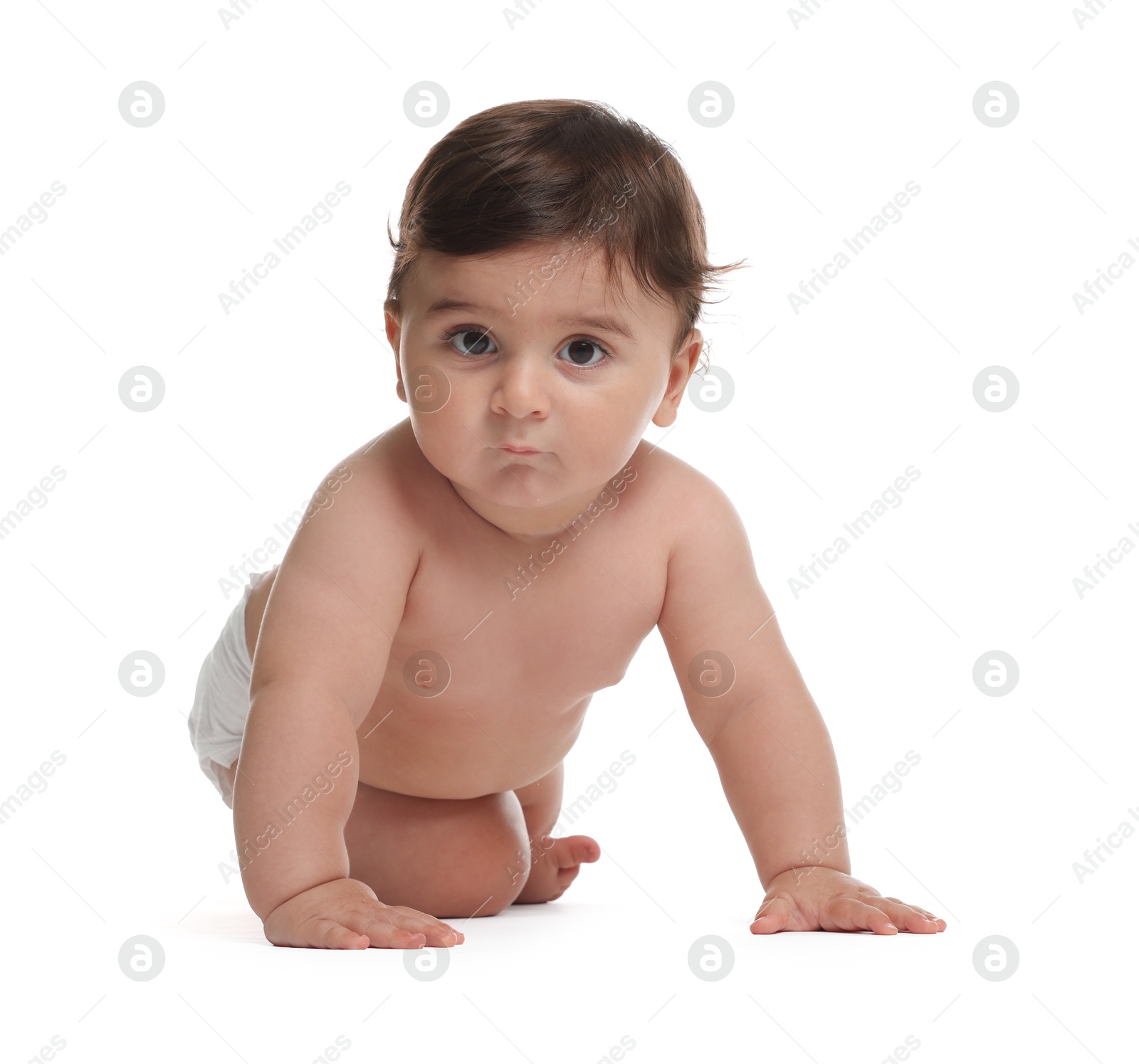 Photo of Cute little baby in diaper on white background