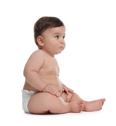 Photo of Cute little baby in diaper on white background