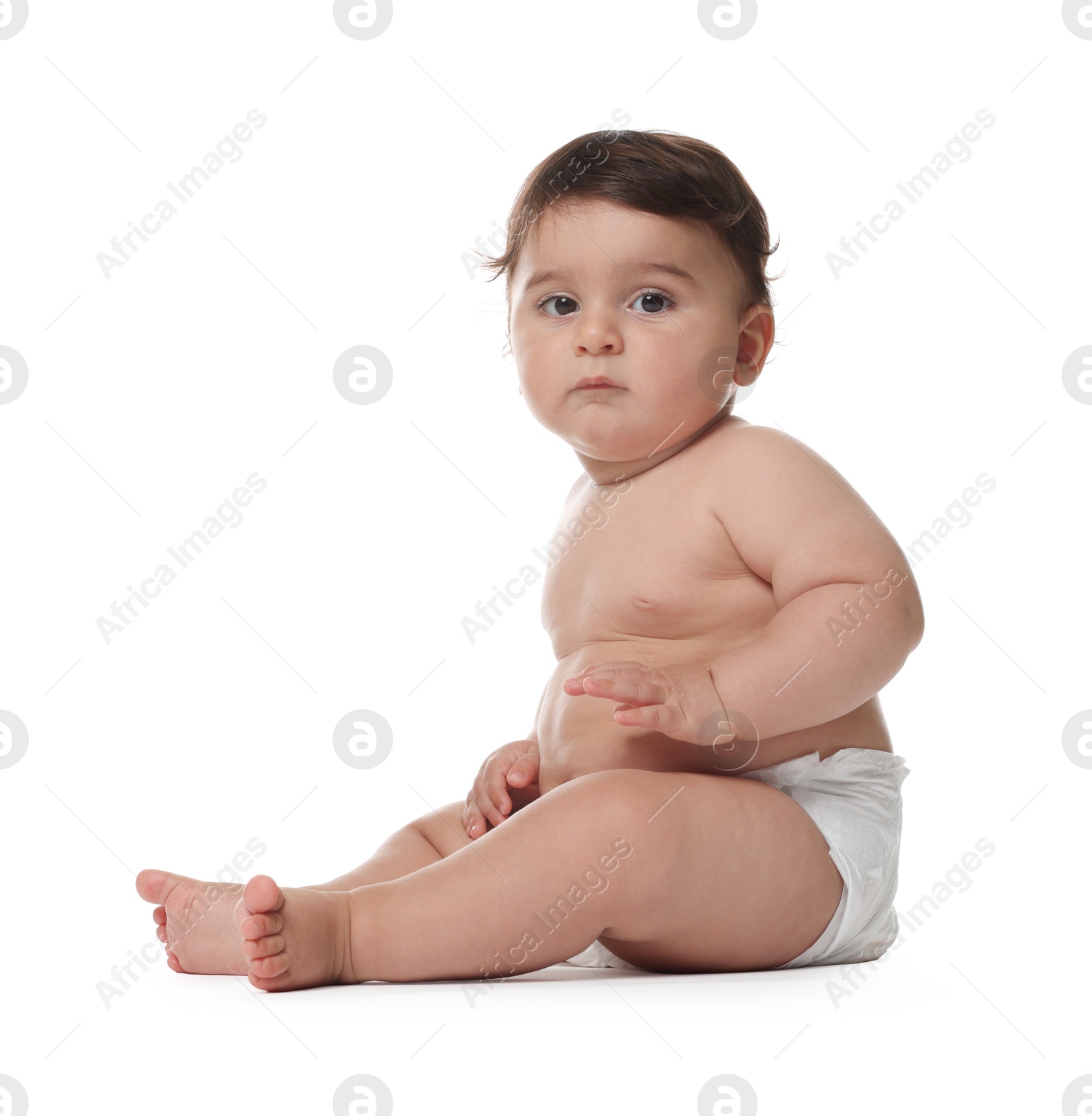 Photo of Cute little baby in diaper on white background