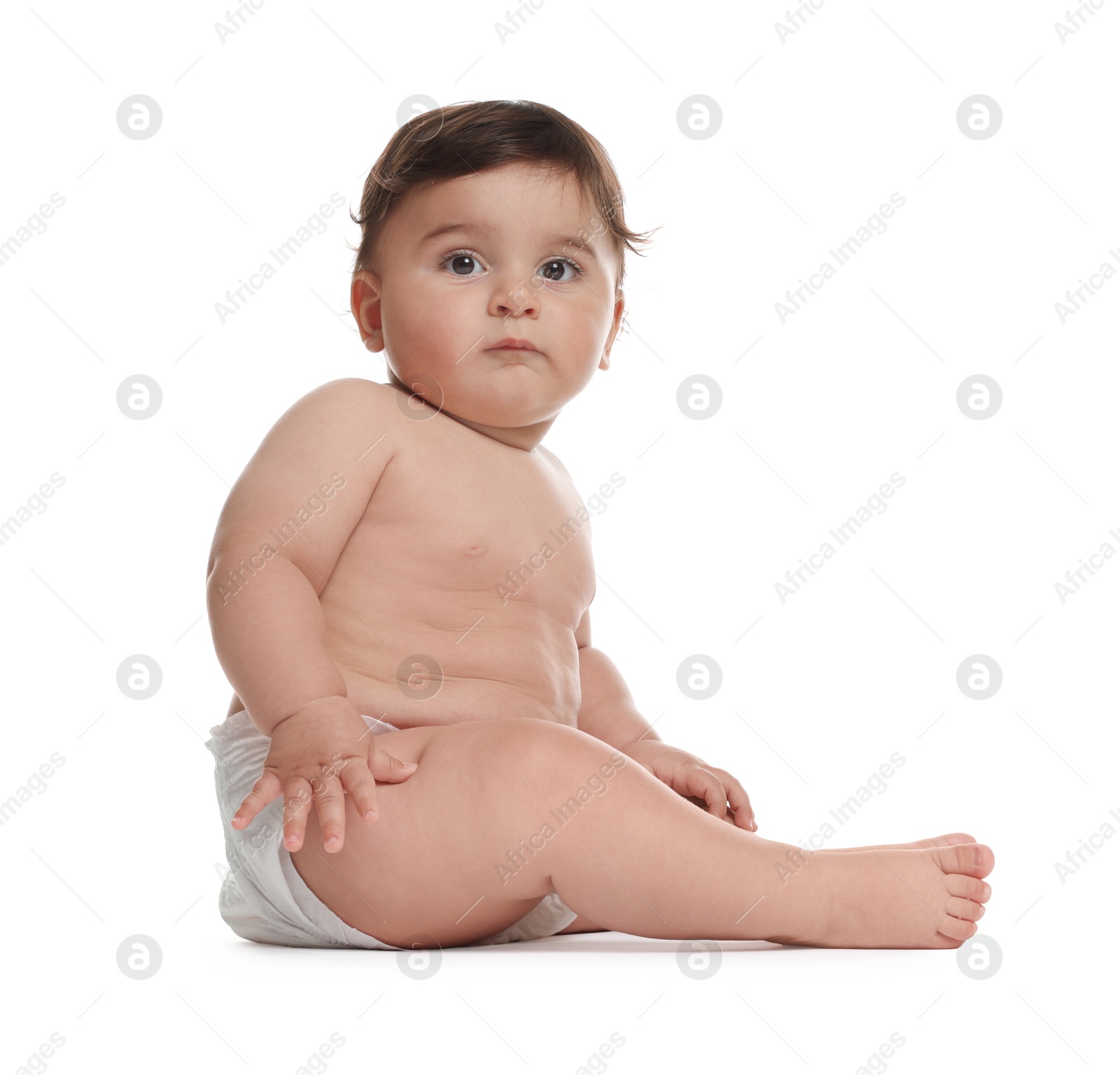Photo of Cute little baby in diaper on white background