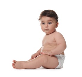 Photo of Cute little baby in diaper on white background