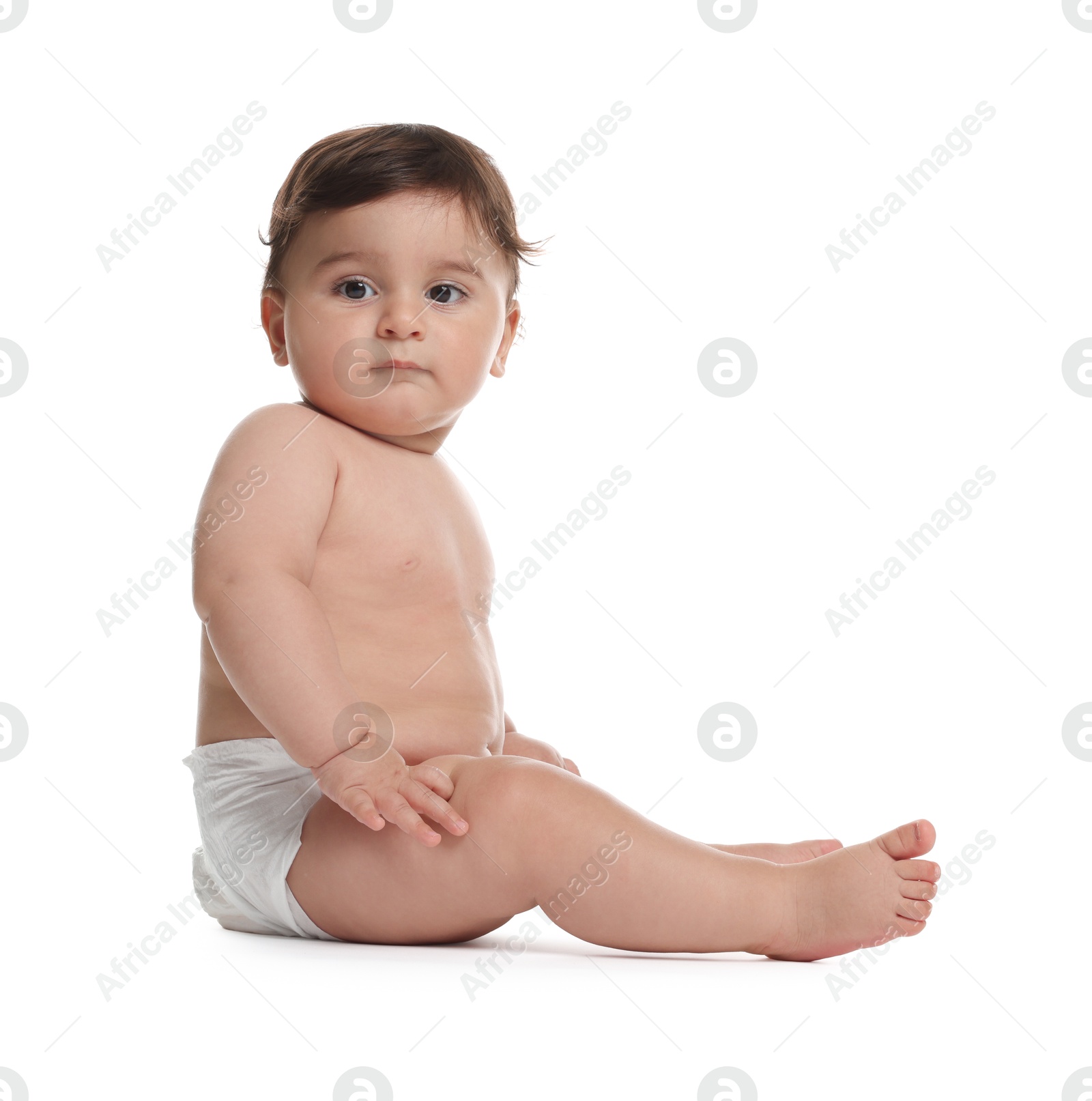 Photo of Cute little baby in diaper on white background