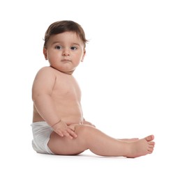 Photo of Cute little baby in diaper on white background