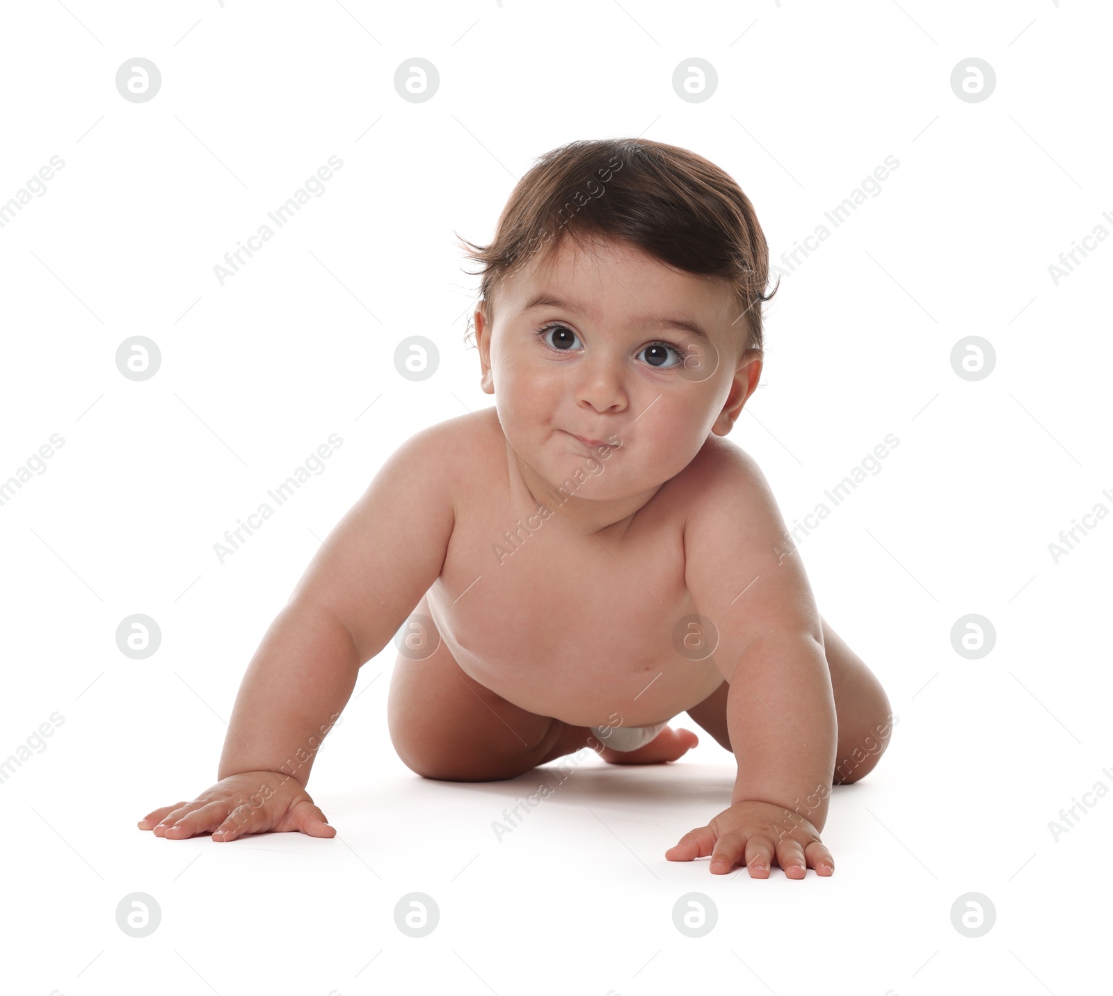 Photo of Cute little baby in diaper on white background