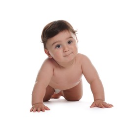 Photo of Cute little baby in diaper on white background