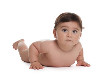 Photo of Cute little baby in diaper on white background