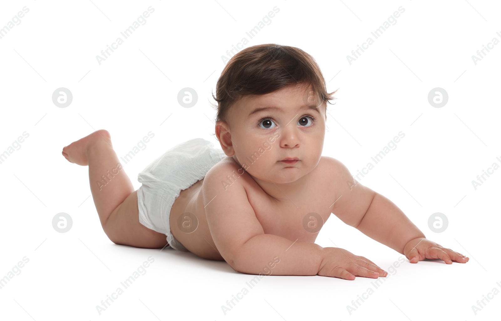 Photo of Cute little baby in diaper on white background