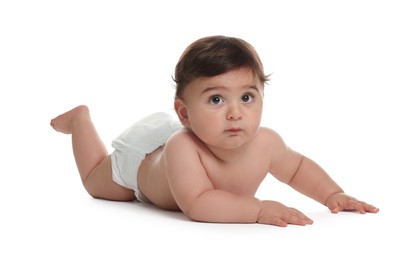 Photo of Cute little baby in diaper on white background