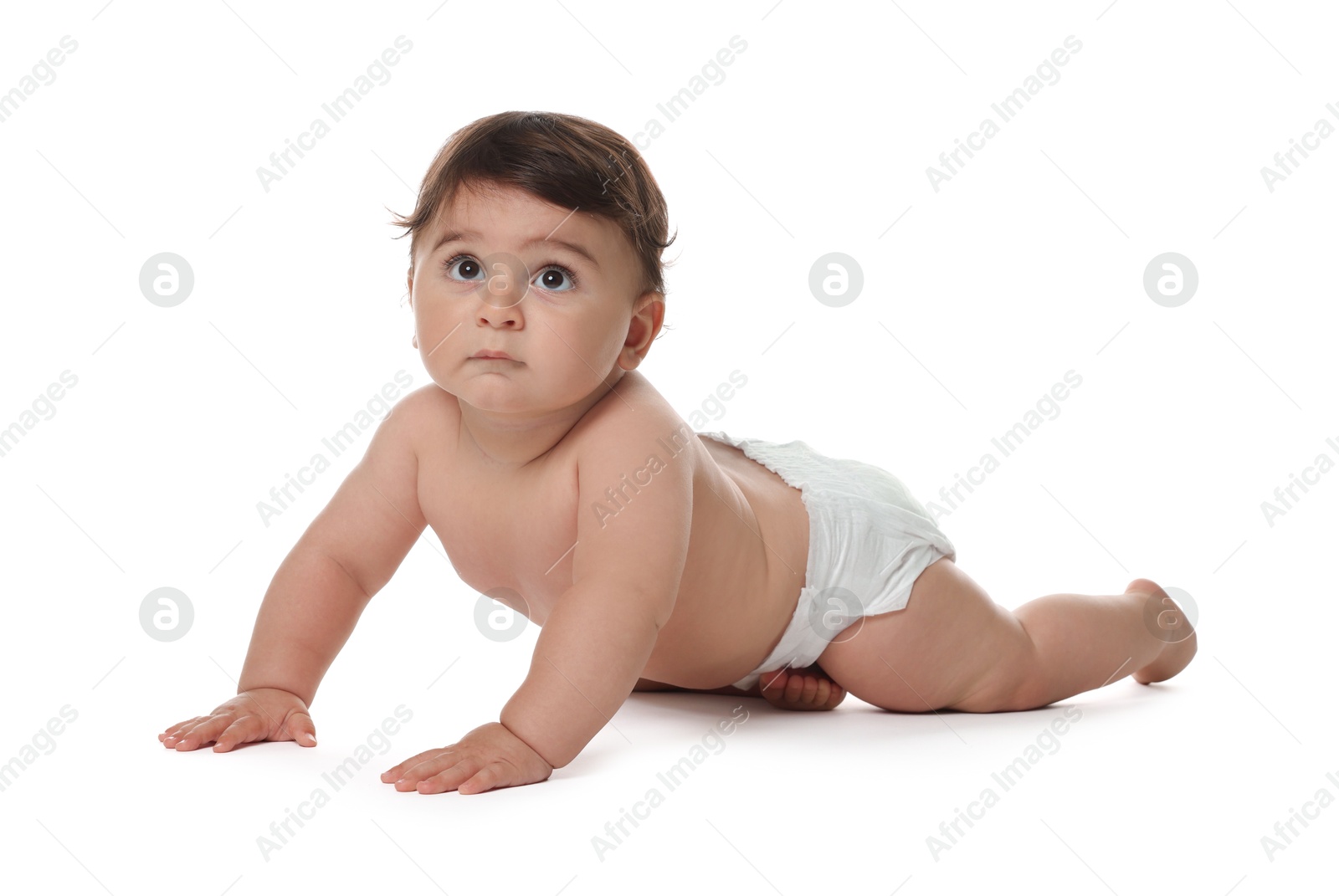 Photo of Cute little baby in diaper on white background
