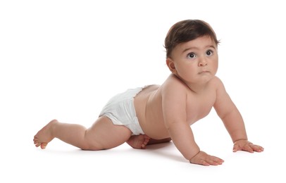 Photo of Cute little baby in diaper on white background