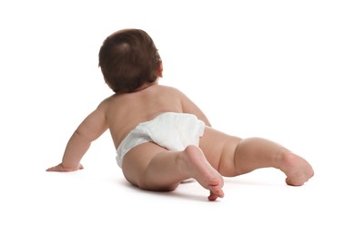 Photo of Cute little baby in diaper on white background