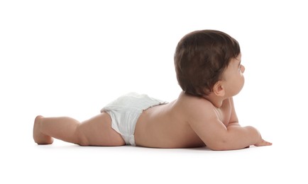 Photo of Cute little baby in diaper on white background