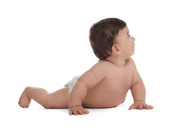 Photo of Cute little baby in diaper on white background
