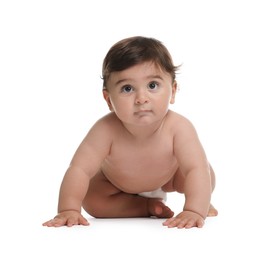 Photo of Cute little baby in diaper on white background