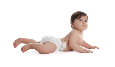 Photo of Cute little baby in diaper on white background