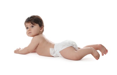 Photo of Cute little baby in diaper on white background