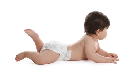Photo of Cute little baby in diaper on white background