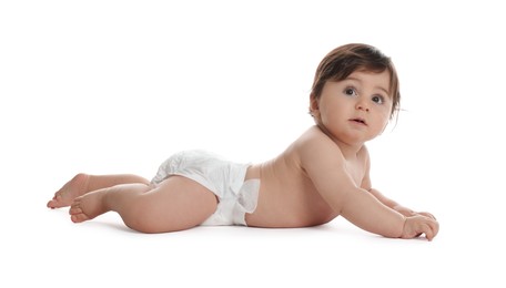 Photo of Cute little baby in diaper on white background