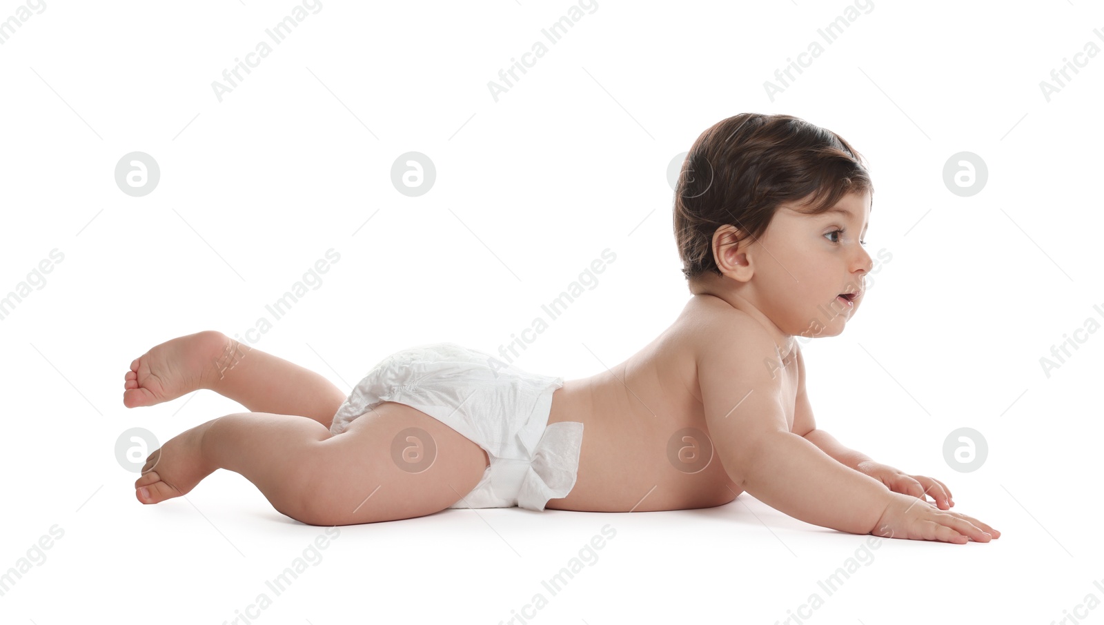 Photo of Cute little baby in diaper on white background
