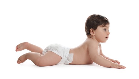 Photo of Cute little baby in diaper on white background