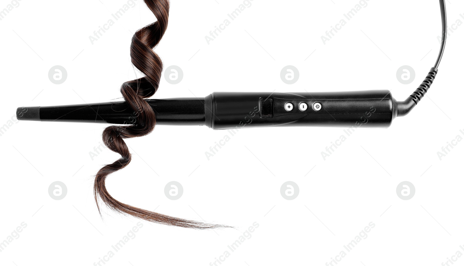 Curling iron with brown hair lock isolated on white Photo of Curling iron with brown hair lock isolated on white
