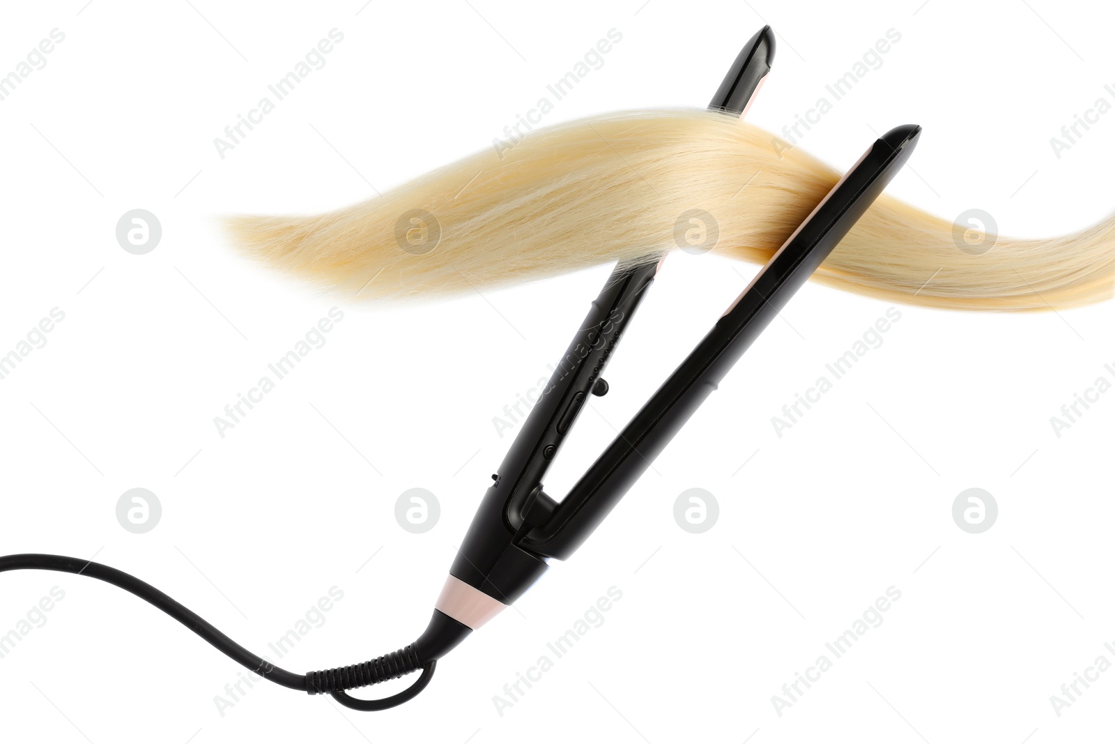 Straightener with blonde hair lock isolated on white Photo of Straightener with blonde hair lock isolated on white