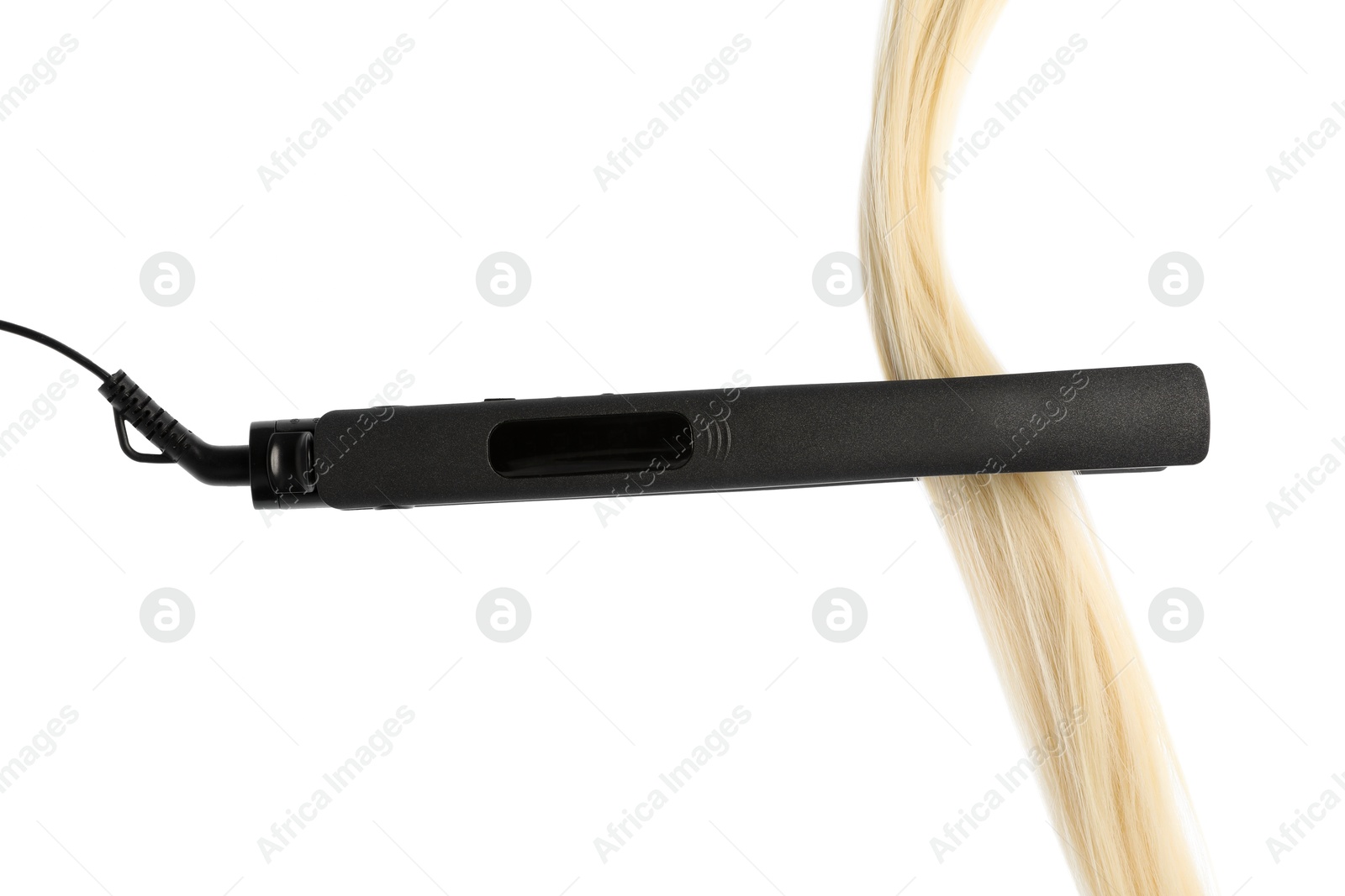 Straightener with blonde hair lock isolated on white Photo of Straightener with blonde hair lock isolated on white