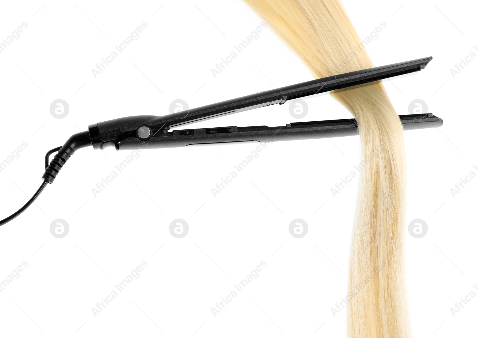 Straightener with blonde hair lock isolated on white Photo of Straightener with blonde hair lock isolated on white