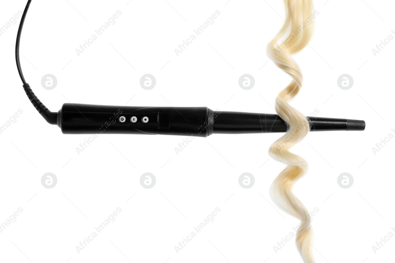Curling iron with blonde hair lock isolated on white Photo of Curling iron with blonde hair lock isolated on white