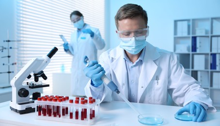 Photo of Medical analysis. Scientist working with sample in laboratory, selective focus