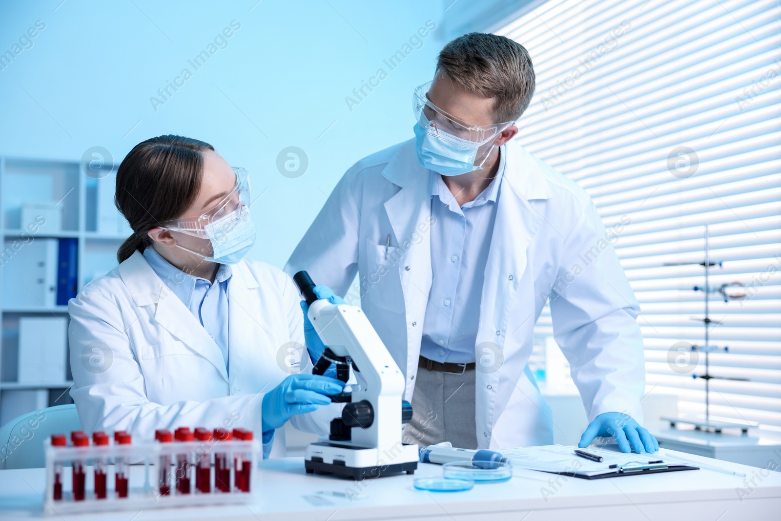 Medical analysis. Scientists working with microscope in laboratory Photo of Medical analysis. Scientists working with microscope in laboratory