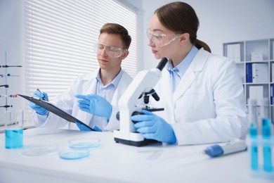 Photo of Medical analysis. Scientists working with microscope in laboratory