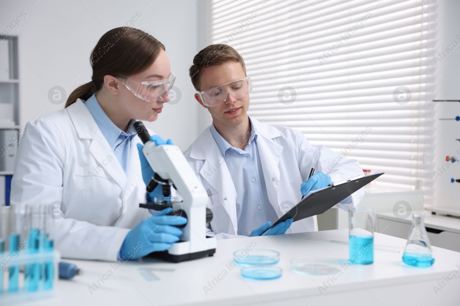 Medical analysis. Scientists working with microscope in laboratory Photo of Medical analysis. Scientists working with microscope in laboratory