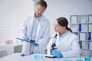 Photo of Medical analysis. Scientists working with microscope in laboratory